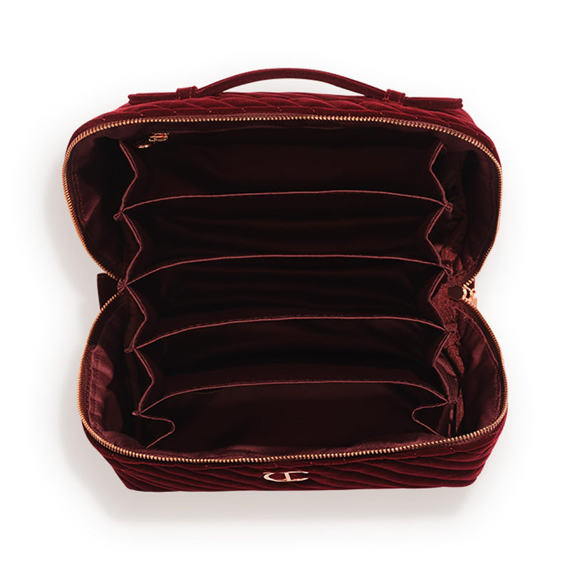 Charlotte Tilbury Travel Makeup Bag of My Dreams - Quilted Velvet Skincare, Fragrance & Cosmetic Organizer with 5 Compartments, Zip Pocket & Top Handle - Iconic Night Crimson Toiletry Bag Large