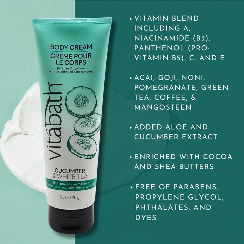 Vitabath Cucumber & White Tea Moisturizing Body Cream - Soothing Hydration Vitamin & Nutrient Skin Care - Replenishing All Over Dry Skin Lotion Moisturizer for Women & Men - 8 Ounce 8 Ounce (Pack of 1)
