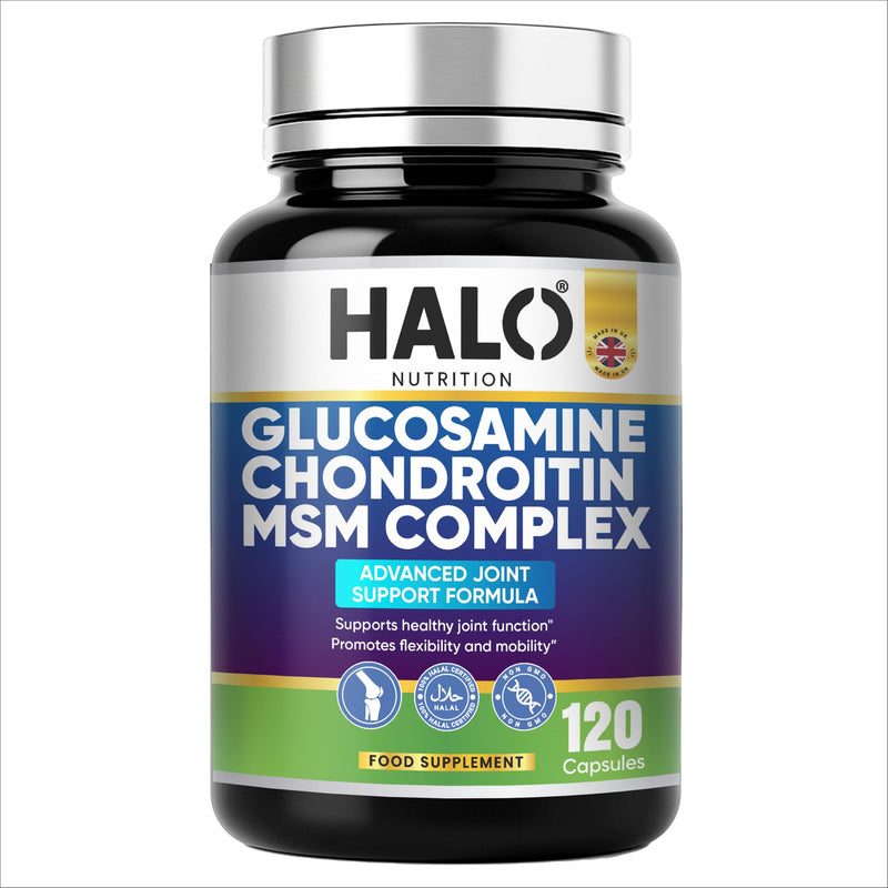 Glucosamine and Chondroitin MSM High Strength with Vitamin C Turmeric Ginger and Rosehip, 120 Capsules Made in The UK Food Supplements by HALO Nutrition