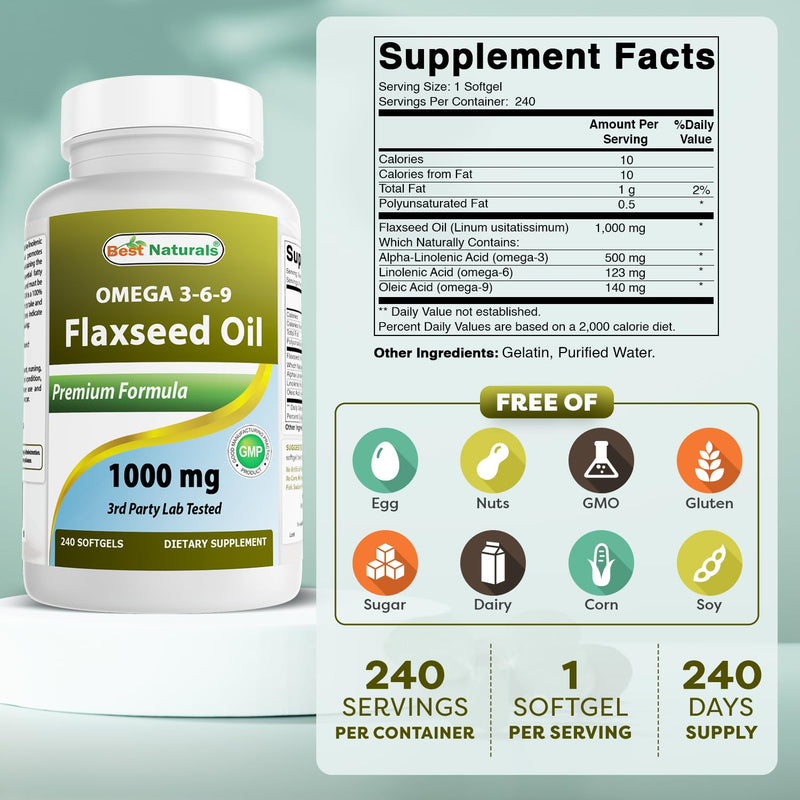 Best Naturals Flaxseed Oil 1000 mg 240 Softgels - Omega-3-6-9 for Heart Health | Great Source of Omegas