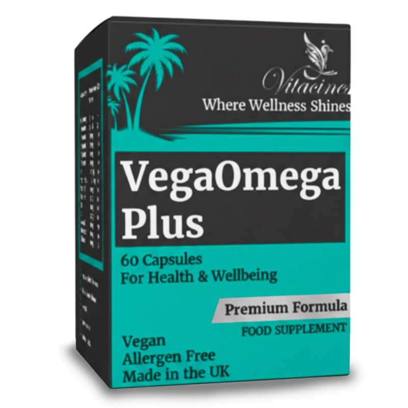 VegaOmega Plus | Vegan Omega 3 + 14 Essential Vitamins & Minerals | Plant-Based Algae DHA & EPA | 60 Capsules | No Fish Oil | Heart, Brain & Joint Support | Family Supplement Age 4+ | Made in UK
