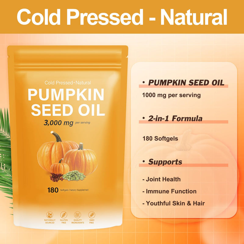 [Australia] - J-PRQ Pumpkin Seed Oil with Saw Palmetto- 180 Softgels - 3000mg -Cold Pressed - Pure Virgin Oil - Essential Fatty Acids & Phytosterols - Supports Hair - Urinary - Bladder & Prostate Health - Non-GMO 