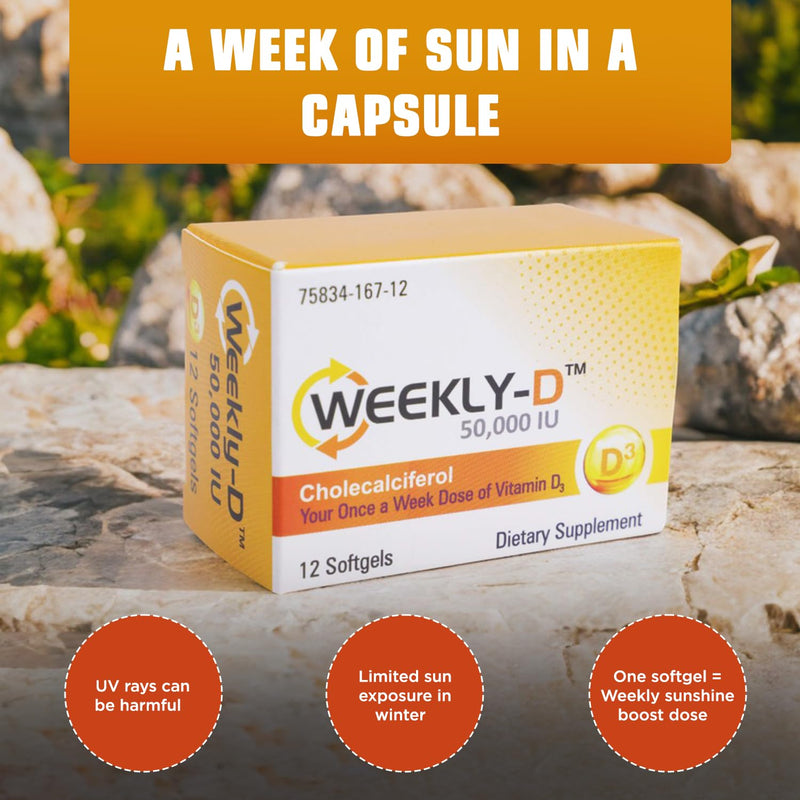 Nivagen Weekly-D Vitamin D3 50,000 IU (Cholecalciferol) | Once-Weekly High Potency Softgels | 12 Softgels | Supports Bone, Muscle & Immune Health | Easy to Swallow | Non-GMO, Gluten Free | Made in USA