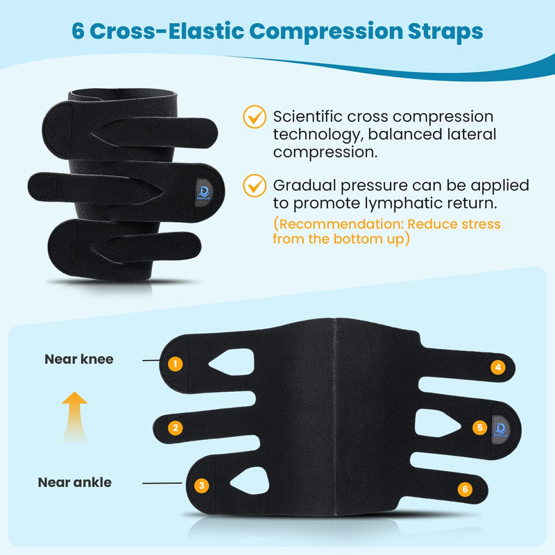 iDonua® Calf Lymphedema Compression Wrap Adjustable For Big Swollen Lower Leg - with 6 Cross Straps‌ Black Regular L