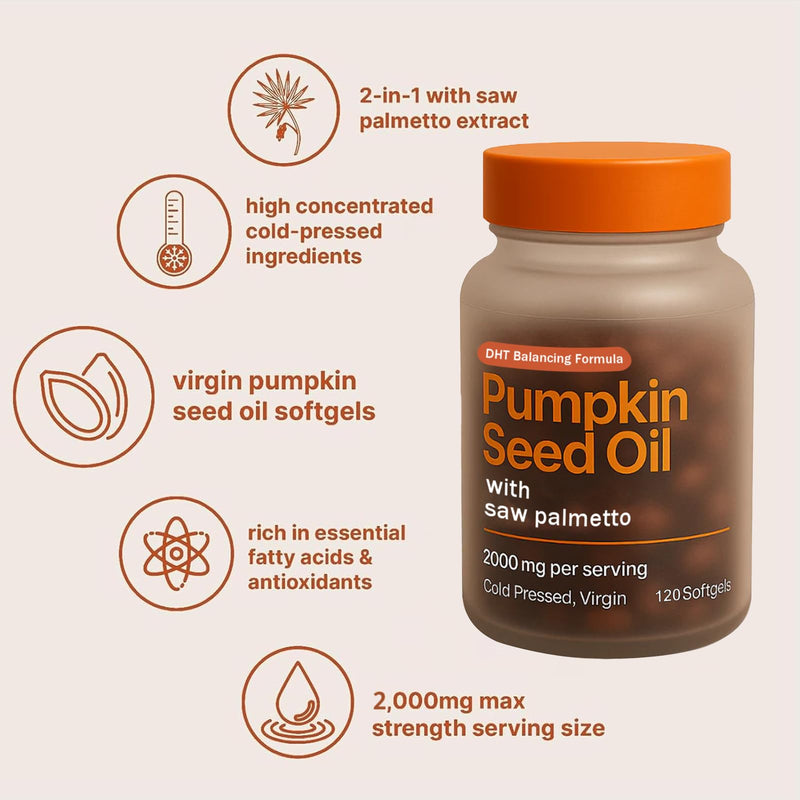 [Australia] - Bonswell Pumpkin Seed Oil & Saw Palmetto 120 Softgels, 2000mg | Ovela Pumpkin Seed Oil Capsules Cold-Pressed DHT Balance Formula for Hair & Urinary Support, Bladder & Prostate Health, Non-GMO 