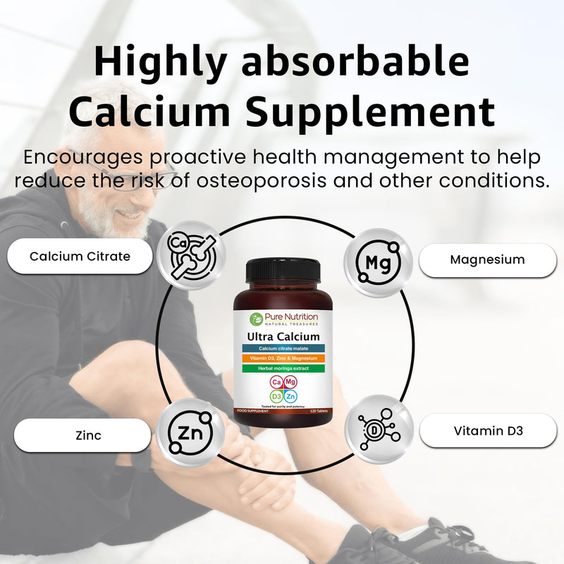 Pure Nutrition Ultra Calcium 1000mg with VIT D3 + K | 120 Tab | Highly absorbable Supplement with Calcium Citrate Malate, VIT D3, K, Moringa Oleifera, Magnesium and Zinc. 120 count (Pack of 1)