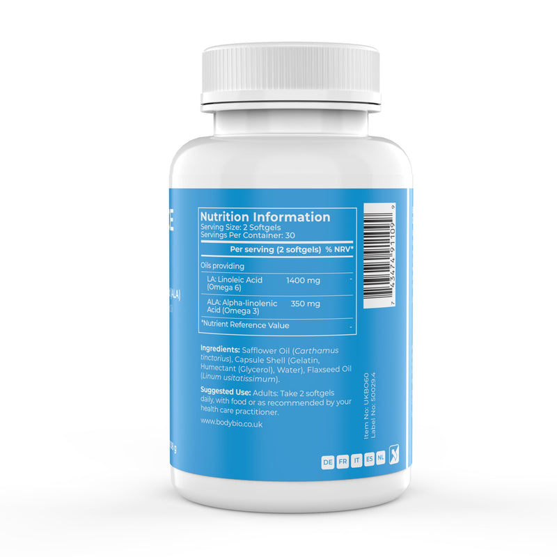 BodyBio Omega 3 + 6 | Essential Fatty Acids | Safflower and Flax Seed Oil Blend | Cold Pressed | LA & ALA Fatty Acid | Balance Oil 60 Softgels 60 count (Pack of 1)