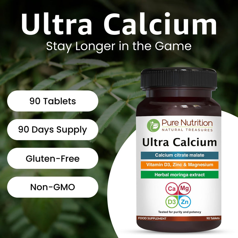 Pure Nutrition Ultra Calcium 1000mg with VIT D3 + K | 90 Tab X Pack of 2 (180 Tabs) | Highly absorbable Calcium Supplement with Calcium Citrate Malate, VIT D3, K