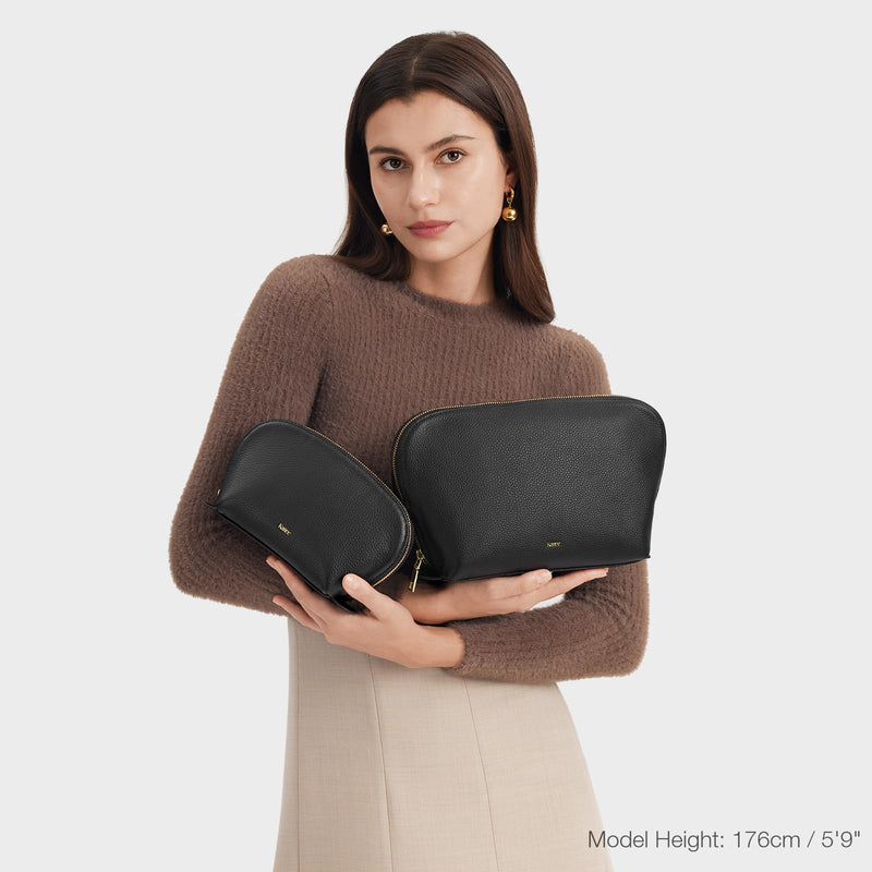 Kattee Leather Makeup Bag Set for Women, 2 Pack, Black | Two leather travel cosmetic bags for makeup, toiletries, and daily essentials. 2-Pack, Medium+Large