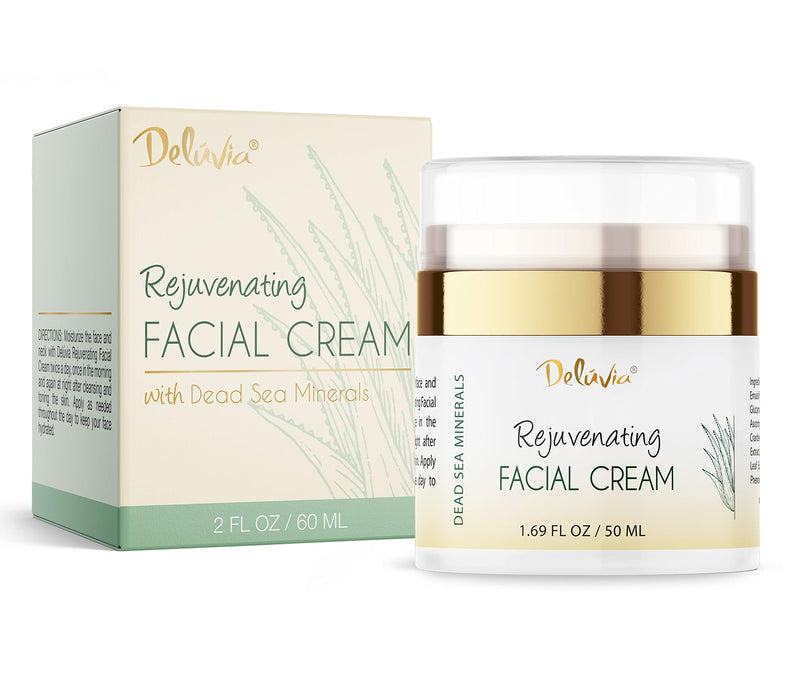 Deluvia Rejuvenating Facial Cream | Organic Aloe Vera, Coconut Oil, Vitamin C + E | Dead Sea Minerals | Daily Face Lotion for Dry Skin, Sensitive Skin