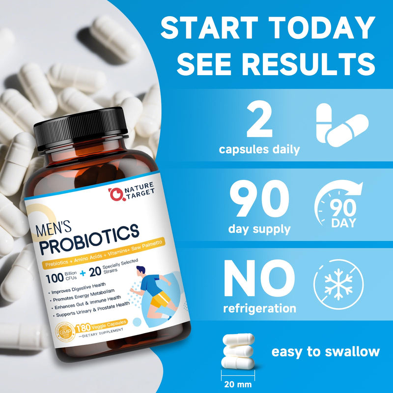 NATURE TARGET Probiotics for Men, 100 Billion CFUs, 180 Veg Capsules | 20 Strains, with Enzymes, Prebiotics, Saw Palmetto, for Digestive, Gut, Bloating & Mens Health, No Refrigeration Required 180 Count (Pack of 1)