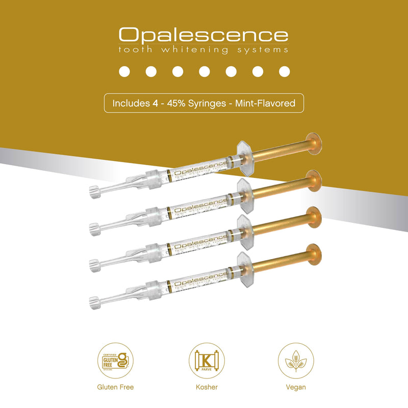 Opalescence 45% Syringes Teeth Whitening Gel - with PF - (4 Syringes) Refill Kit Carbamide Peroxide. Made by Ultradent, in Mint Flavor. Tooth Whitening 5359-2 4 Syringes Gold