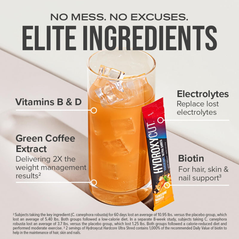 Hydroxycut Drink Mix Hardcore Ultra Shred, Tangerine Mimosa, 20 Stick Packs | Thermogenic, Metabolism and Energy Support Supplement, Green Coffee Extract, B Vitamins, Electrolytes and Biotin 3.67 Ounce (Pack of 1)