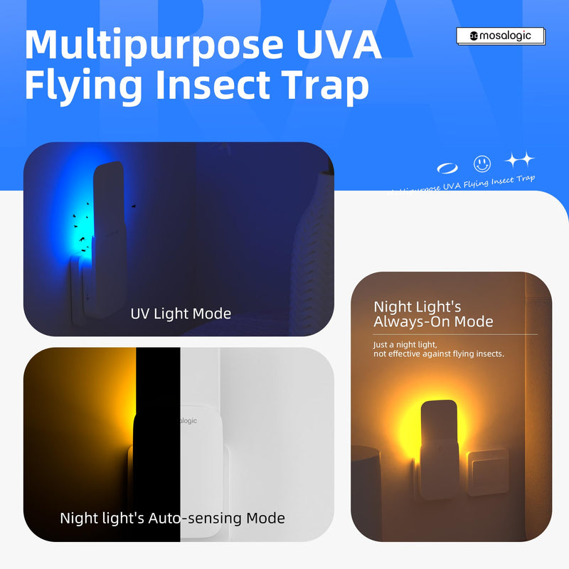 [Australia] - Mosalogic Flying Insect Trap Plug-in Mosquito Killer Indoor Gnat Moth Catcher Fly Tapper with Night Light UV Attractant Catcher for Home Office White-1PACK 1Pack 