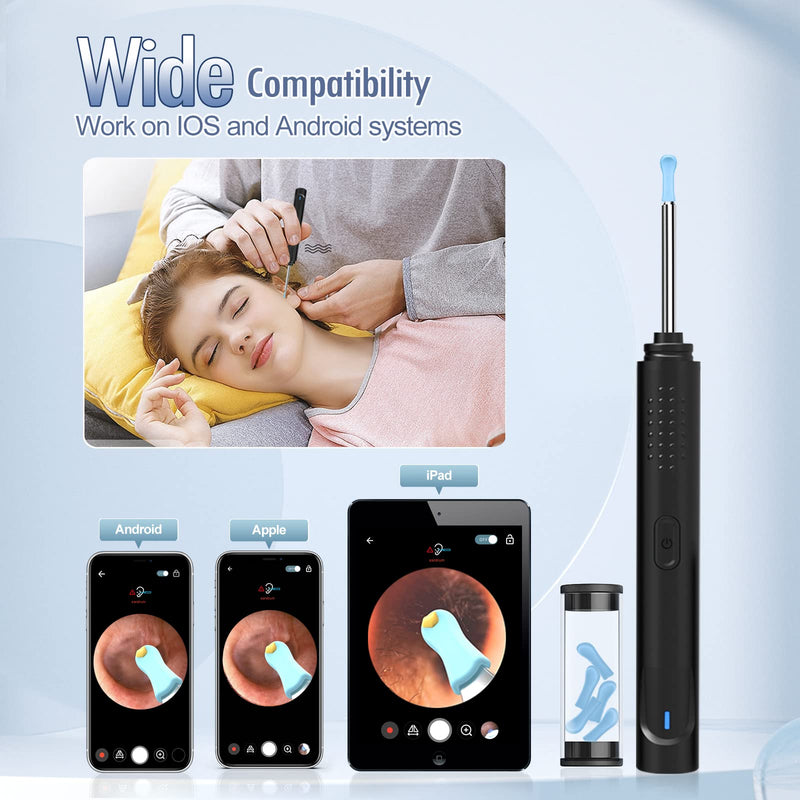[Australia] - Ear Wax Removal, Ear Cleaner with Camera 1080P HD Wireless, Ear Otoscope with 6 LED Lights, Earwax Remover Kit with 8 Pcs Ear Set, Ear Wax Remowal Tool for iPhone, iPad, Android Phones Black 
