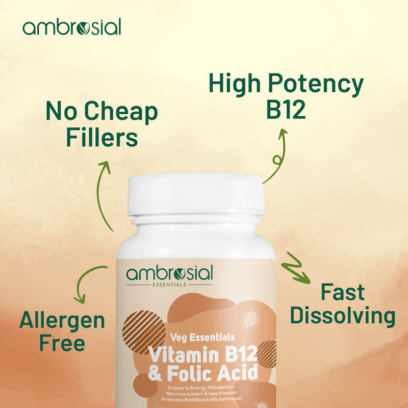 Ambrosial Vitamin B12 1000 mcg and Folic Acid 500 mcg | High Strength B12 (Cyanocobalamin) and Folic Acid Capsules | Vegan, Non-GMO, Easy to Swallow | Pack of 2-120 Capsules