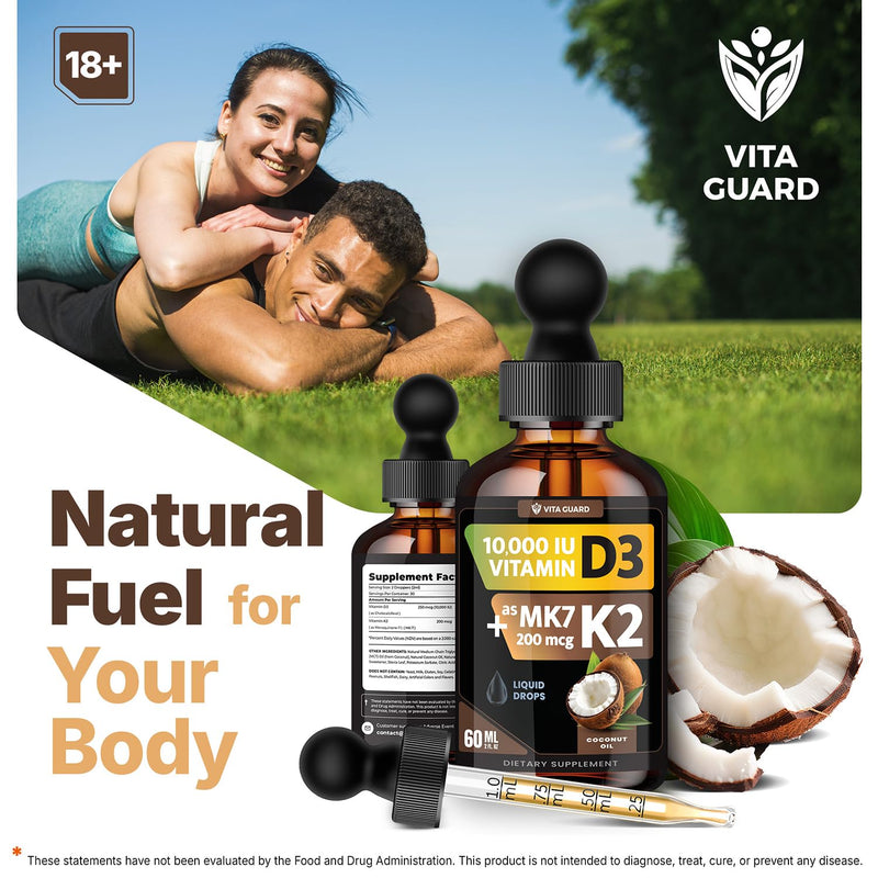 Vita Guard (2 Pack) Vitamin D3 K2 Liquid Drops 10,000 IU + 200 mcg MK-7 – High Absorption, Sugar-Free, Non-GMO, Bone & Immune Booster, Vegan Supplement with Coconut Oil – 60 ml (2 oz)