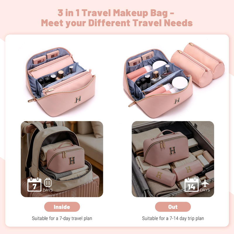 BOYATU Personalized Travel Makeup Bag: 3-in-1 Cosmetic Bag Gift for Women | Initial Make up Bag Organizer - Custom Letters A-Z - Flat Open Portable Toiletry Bag for Birthday Graduation Anniversary Pink H