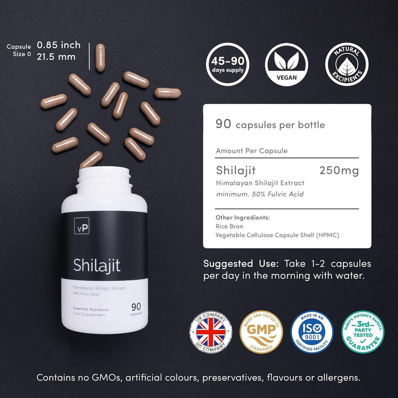 vP Vitality Pro Shilajit Supplement 250mg x 90 Capsules | Over 50% Fulvic Acid, Third Party Tested, 22.5 grams