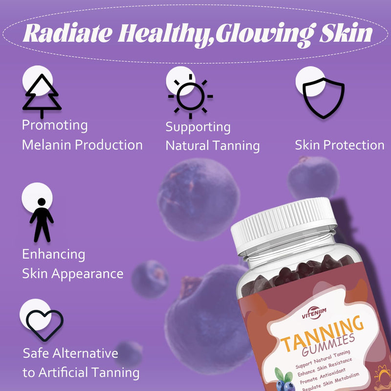 [Australia] - Tanning Gummies - Self Tan Supplement That Work Fast Without Sun - Daily Oral Chews with Beta Carotene Astaxanthin Lycopene & Vitamins for Skin Health Glow Up Sunless Tan - Vegan Sugar Free Blueberry 