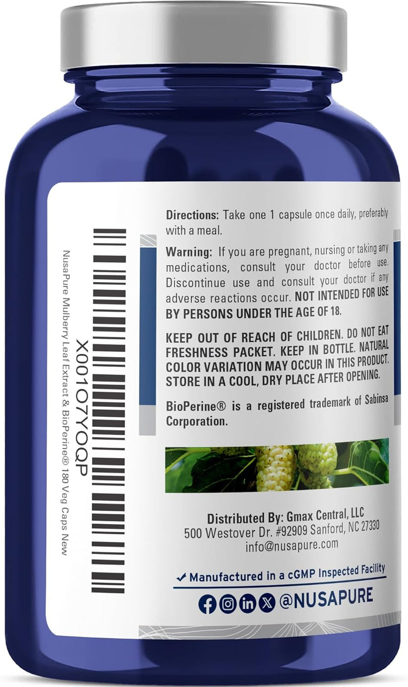 White Mulberry Leaf, Non-GMO, Vegan, 500mg, 180 Veg Capsules - 180 Servings | Botanical Formula, 10:1 Morus Alba Leaf Extract, BioPerine, Suitable for Adults, Manufactured in cGMP Registered Facility USA