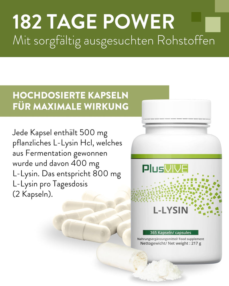 [Australia] - PlusVive L-Lysine capsules high dosage I 1x 365 capsules I 500mg L-Lysine Hcl per capsule I Essential amino acid I From plant-based fermentation I Vegan & laboratory-tested dietary supplement 