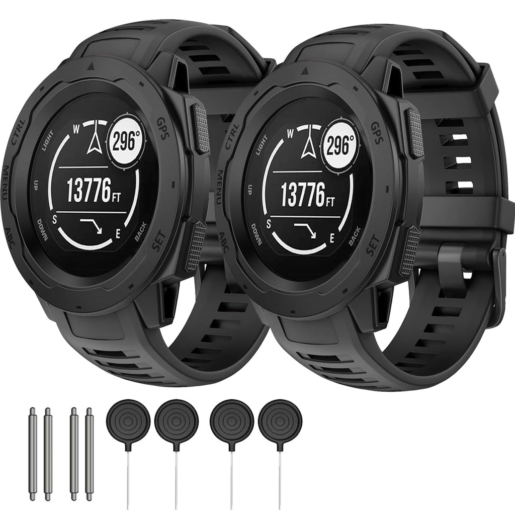 2 Pack Waterproof Band Compatible with Garmin Instinct Watch Bands, 22mm Soft Silicone Replacement Watch Strap for Garmin Instinct 2 / Instinct Esports/Solar/Tactical black+black