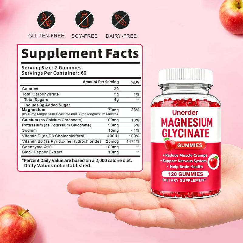 Magnesium Glycinate Gummies - 400mg High Absorption Formula for Sleep, Stress Relief & Muscle Health - Apple Flavor, 60 Days Supply for Adults,Non-GMO,120 Gummies