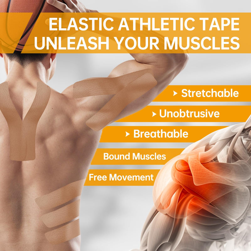 [Australia] - Dimora Kinesiology Tape 4 Rolls - Elastic Cotton Athletic Tape, 65.6 ft 80 Precut Strips in Total, Medical Grade Adhesive Sports Tape for Muscle Pain Relief and Joint Support Precut 4 Rolls Beige 