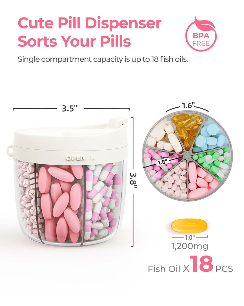 AMOOS Cute Pill Dispenser with Anti-Mix Design, 7-Slot, BPA-Free, Patented | Portable Travel Pill Organizer, Wide Mouth for Easy Access, Pill Bottle Organizer for Vitamins, Fish Oils, Supplements, White
