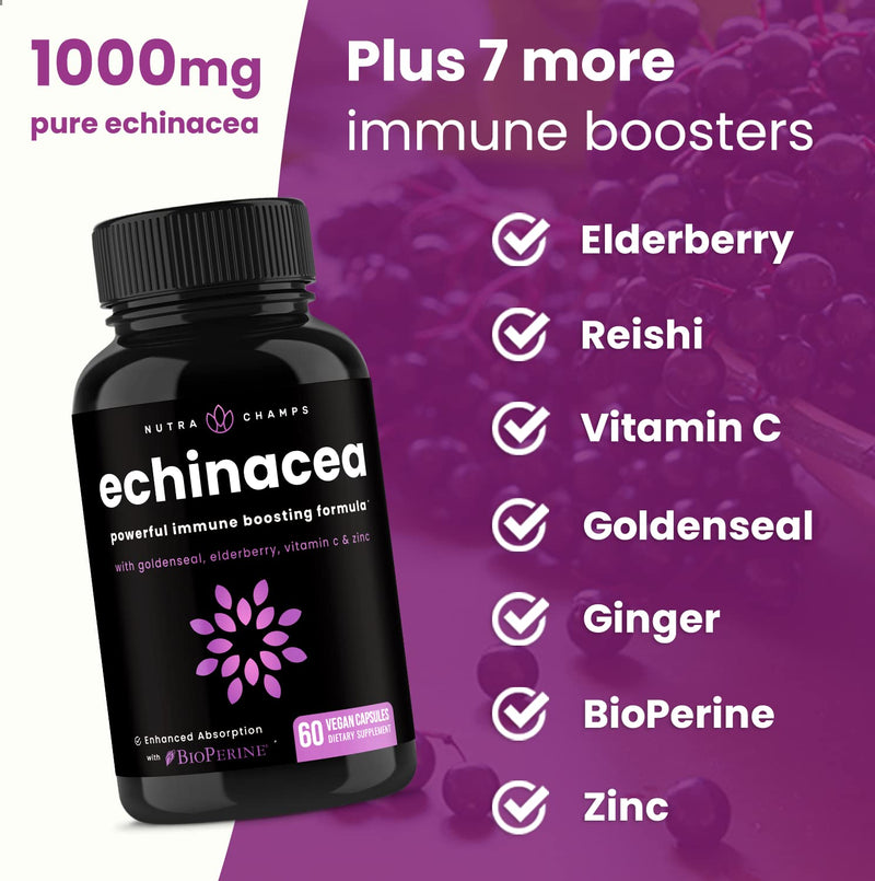 [Australia] - Echinacea Goldenseal 1000mg with Elderberry, Vitamin C, Zinc & Ginger | Immune Boost Vegan Echinacea Capsules with Goldenseal Root & BioPerine for Absorption | Premium Echinacea Root Supplement 