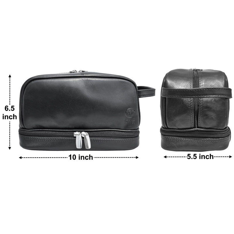 Leather Toiletry Bag for Men - Full Grain Travel Dopp Kit & Shaving Bag | Handcrafted, Dual Compartment, YKK Zipper, TSA Carry-On, Waterproof Lining, Metal Feets, Makeup & Cosmetic Organizer Black