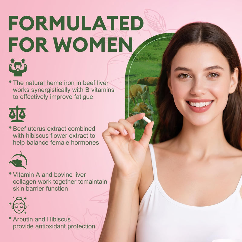 [Australia] - Beef Organ Supplement for Women - Beef Liver, Kidney, Heart,Uterus Tissue - Balance Hormones & Women's Overall Energy - Grass Fed, Pasture Raised - Natural Iron Supplement with Folate - 120 Capsules 120 Count (Pack of 1) 