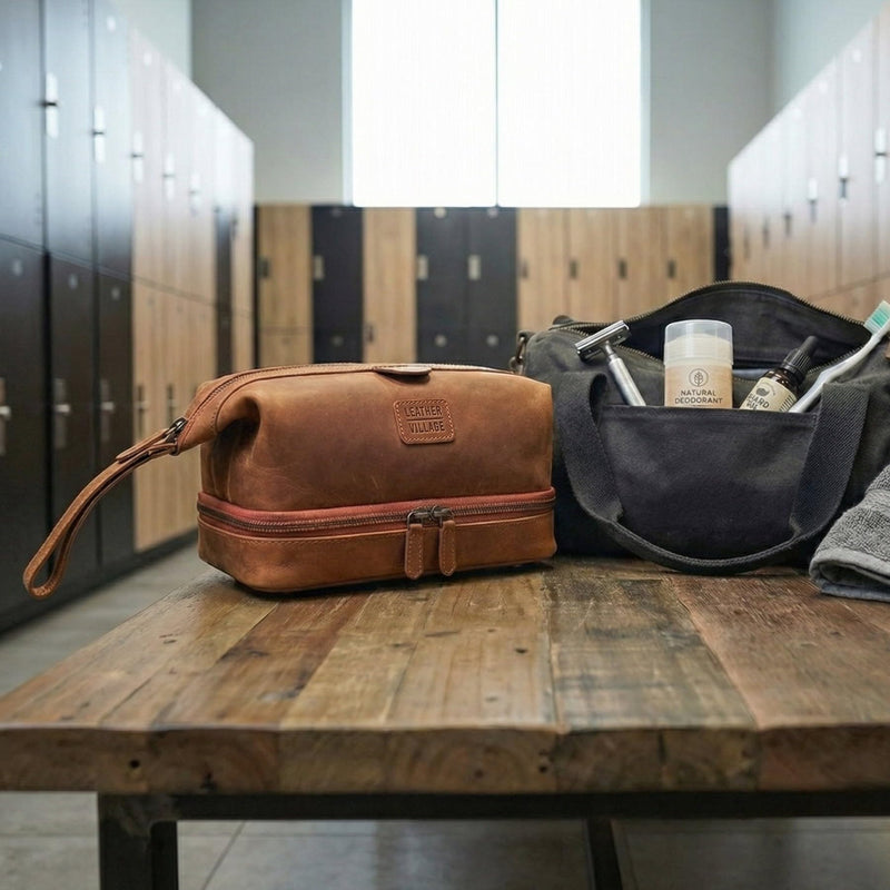 LEATHER VILLAGE Leather Toiletry Bag for Men, Travel Dopp Kit Shaving Bag | Full grain buffalo leather, two zip compartments, 9.6x5.5x5.1 in, YKK zippers, water-resistant lining, shaving kit- Tan Sun Tan