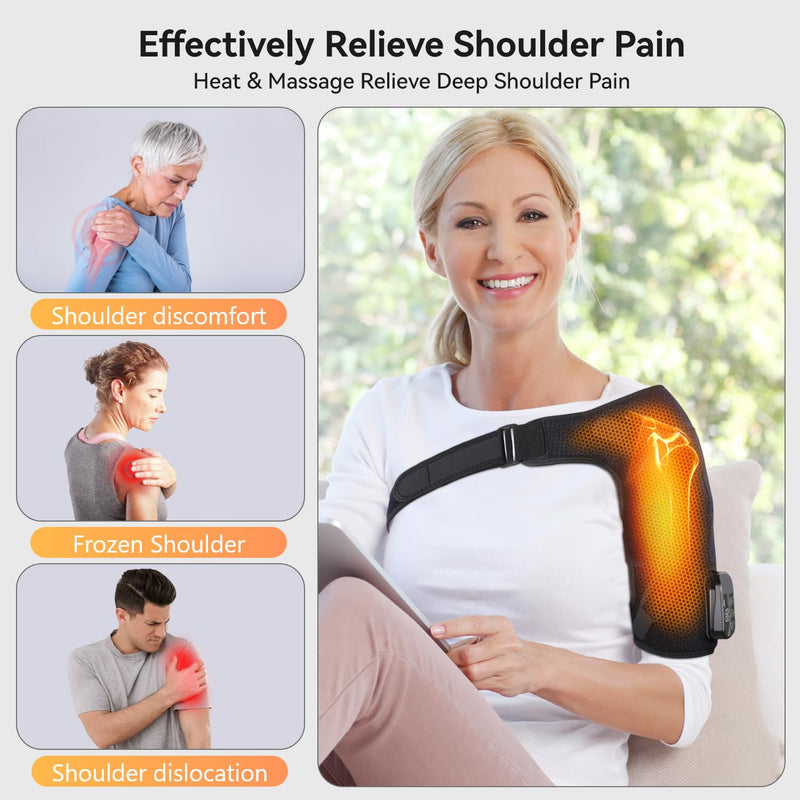 Cordless Electric Heated Massage Shoulder Wrap Pad with 3 Vibration and Heat Settings Hot Therapy for Shoulder Pain Relief, Black, One Size