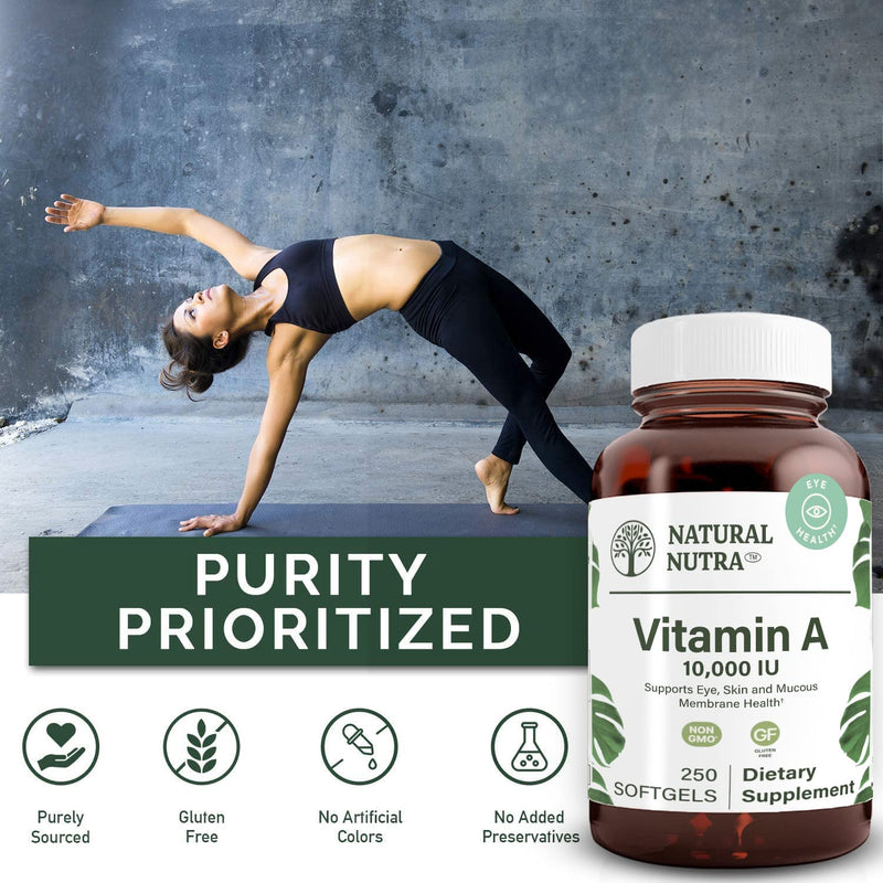 Natural Nutra Vitamin A 10000 IU Softgels, Vitamin A 250 Count (2 Pack) | 10000 IU Per Softgel,Supports Eye Health,Supports Skin Health,Gluten Free 500 Count (Pack of 1)