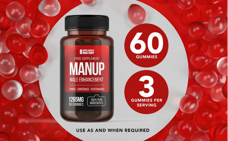 MANUP Male Gummies, 1265mg per Serving, with Maca, Vitamin B6, B12, Ashwagandha, L-Arginine, Tribulus Terrestris, Pack of 60
