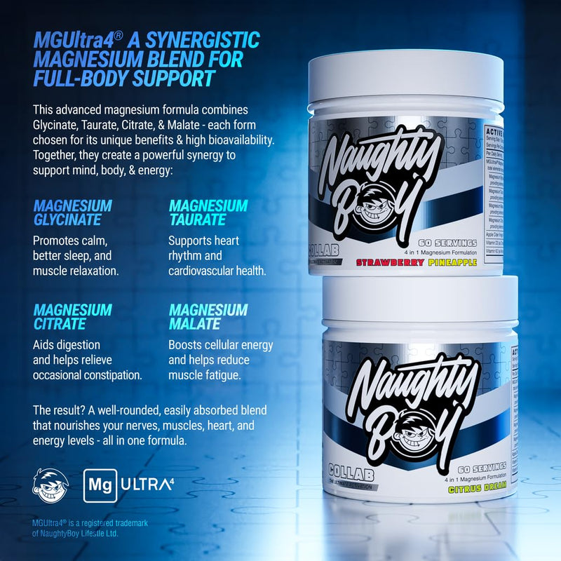 Naughty Boy Collab - 4 in 1 Magnesium, High Dose of Vitamin D3 3000IU, Vitamin K2 180mcg MK7, Organic Apple Cider Vinegar, No Artifical Colours, Stevia, 60 Servings/198g - Strawberry Pineapple