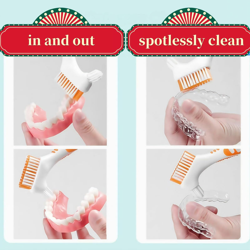 [Australia] - Denture Cleaning Brushes 2-Pack with Dual-Angle Heads - Soft Nylon Bristles & Ergonomic Grip, Travel Brush Kit for Seniors (Orange/Blue) | Denture Care Essentials, Heartwarming Gift for Elderly Orange/Blue 