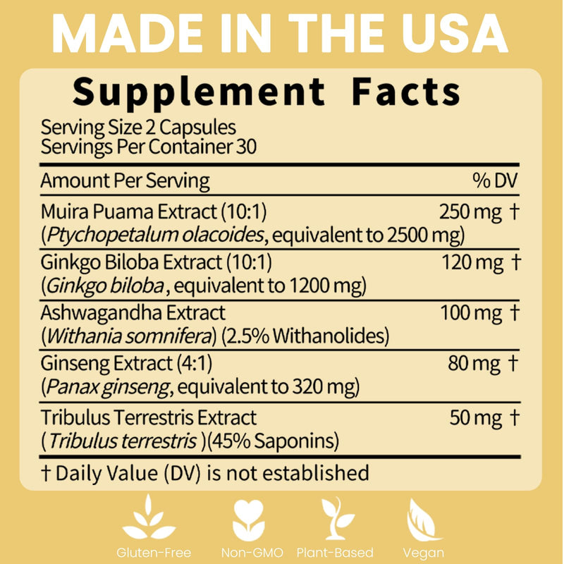 [Australia] - Ginseng Ashwagandha Gingko Tribulus, Herbal Supplements 60 Capsules, Adaptogen Energy Stamina Immune Antioxidants Gut Health, Made in The USA 