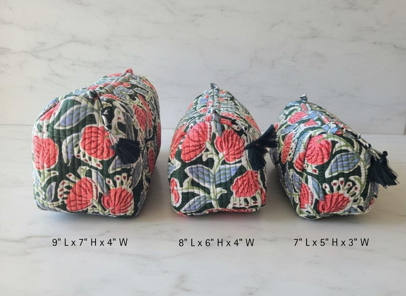 Saarva Global Travel Toiletry Pouch Set, Forest Green Floral, Cotton, Floral Pattern, Zipper, 9x4x7 Inches, 0.5 Pounds, Reusable