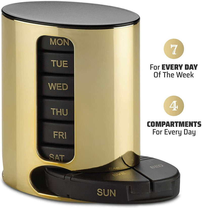 Weekly Pill Organizer - 2Pack - 4 Times-A-Day, Daily Stackable Medication Reminder - Weekly AM/PM Pill Box with 7 Individual Stacking Cases, a Everyday Medicine Organizer for Vitamins, Black & Gold Gold & Black 7 Count (Pack of 2)