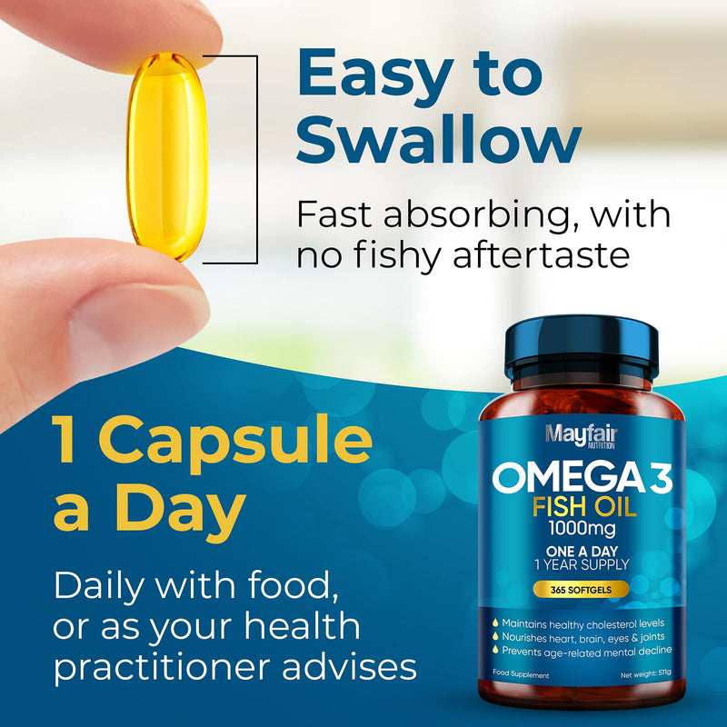 Omega 3 1000mg Capsules - 365 Fish Oil Tablets with EPA & DHA - One a Day - Supports Heart, Vision, & Brain Health - 1 Year Supply - Made in UK