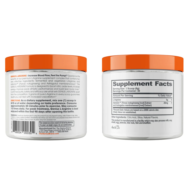 [Australia] - Genius L-Arginine Nitric Oxide Powder - Fermented L- Arginine Nutritional Supplements & Nitric Oxide Booster - Pre Workout, Natural Muscle Builder - 30 Servings, Lemon 