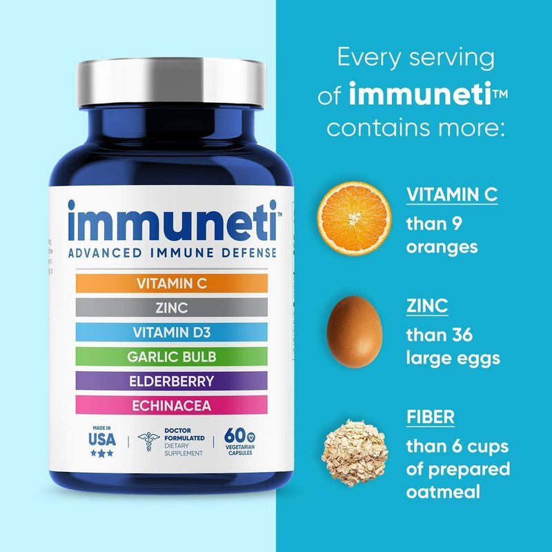 Immuneti Advanced Immune Support – Doctor Formulated 6-in-1 Daily Immunity Supplement – Made in USA – with Vitamin C, D3, Zinc, Elderberry, Garlic & Echinacea - Vital Nutrients & Antioxidants (3) 3