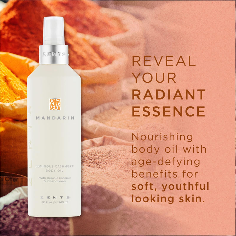 Zents Luminous Cashmere Body Oil (Travel Size - Mandarin Fragrance) 1 fl oz | Moisturizing Body Oil with Vitamin E & Organic Coconut Oil, Softens & Smooths Skin, TSA Approved Mandarin - Travel 1 oz