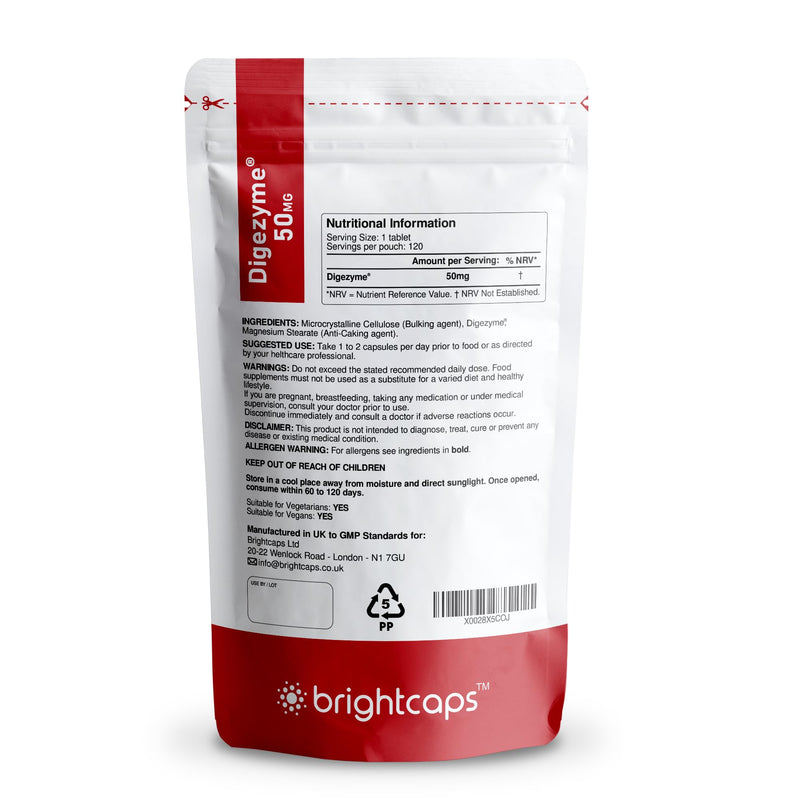 Digestive Enzymes 120 Tablets | Contains Digezyme, Amylase, Lactase, Lipase | Gut Health & Digestion Support | Vegan | UK Made | GMP Approved | by Brightcaps