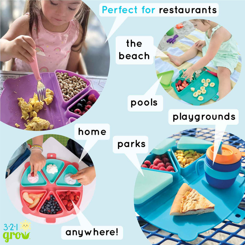 [Australia] - Silicone On-The-Go Snack Mat ‚Äì Foldable Reusable Placemat with 3 Compartments and Lids ‚Äì Travel-Friendly Baby and Toddler Snack Plate ‚Äì Dishwasher Safe (Aqua) Aqua 