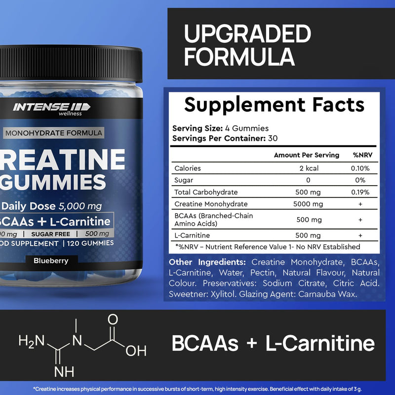 Creatine Monohydrate Gummies 5000mg - Sugar Free Vegan Pre Workout Chews - BCAAs 500mg, L-Carnitine 500mg - Gym Supplement for Men and Women, Blueberry, 120 Count 120 count (Pack of 1)