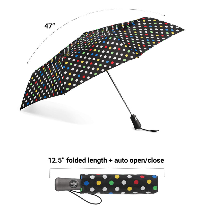 totes Portable Umbrella for Travel – Compact for Car, Backpack and Purse – Windproof, Strong, UV Sun Protection, Water-Repellant, Foldable On-the-Go Umbrella with Auto Open/Close Multi Dot -Triple Protection